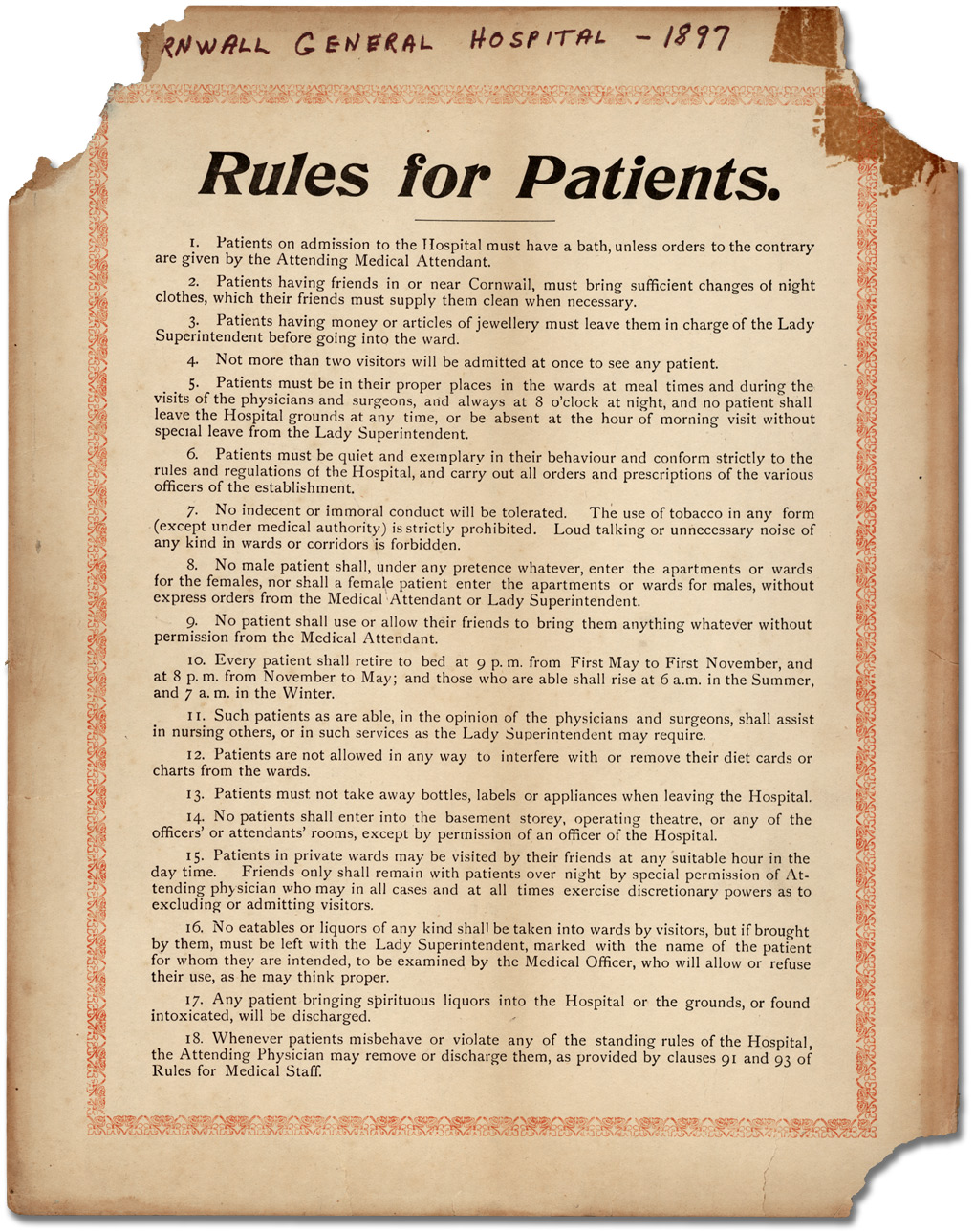 Règles s&../overview.aspx8217;appliquant aux patients, hôpital général de Cornwall, 1897