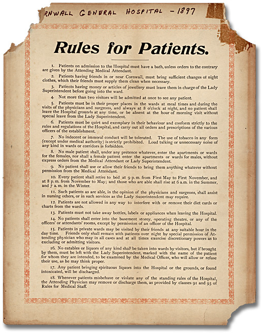 Règles s’appliquant aux patients, hôpital général de Cornwall, 1897