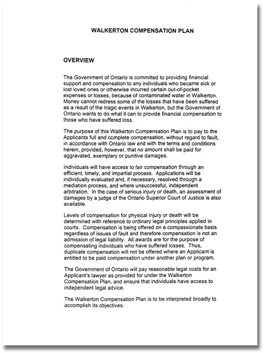 Grandes lignes du Régime d'indemnisation dans le cadre de Walkerton, 2001