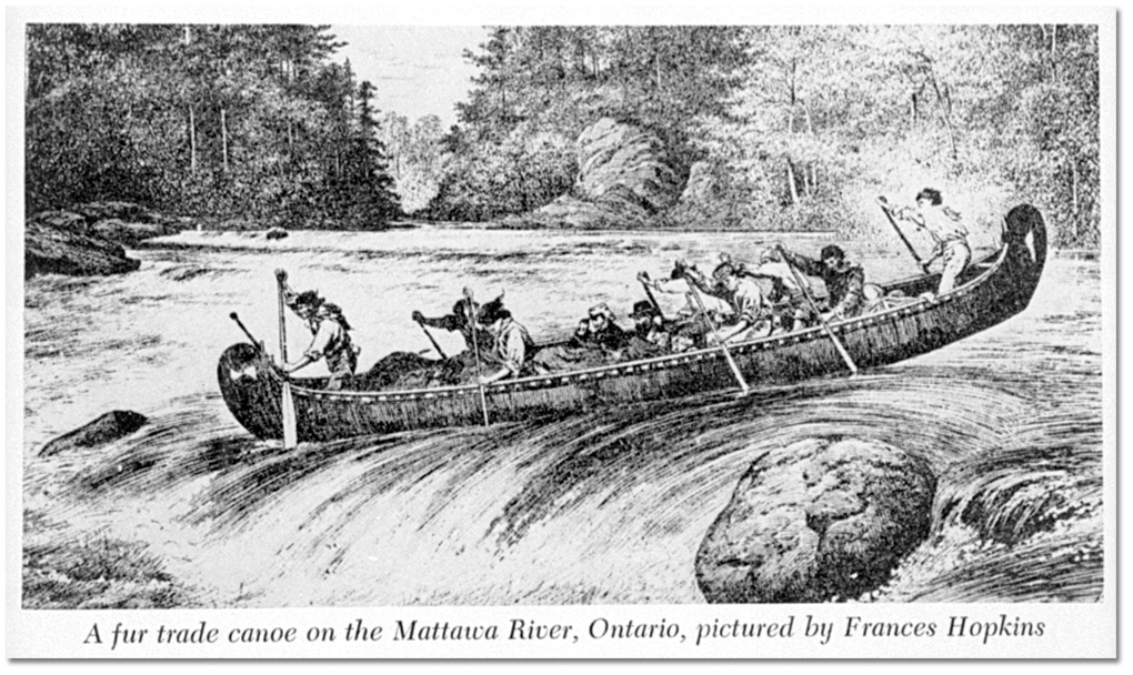 Photographie d’un dessin intitulé A fur trade canoe on the Mattawa River, Ontario, pictured by Frances Hopkins [vers 1900]