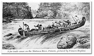 Photographie d’un dessin intitulé A fur trade canoe on the Mattawa River, Ontario, pictured by Frances Hopkins [vers 1900]