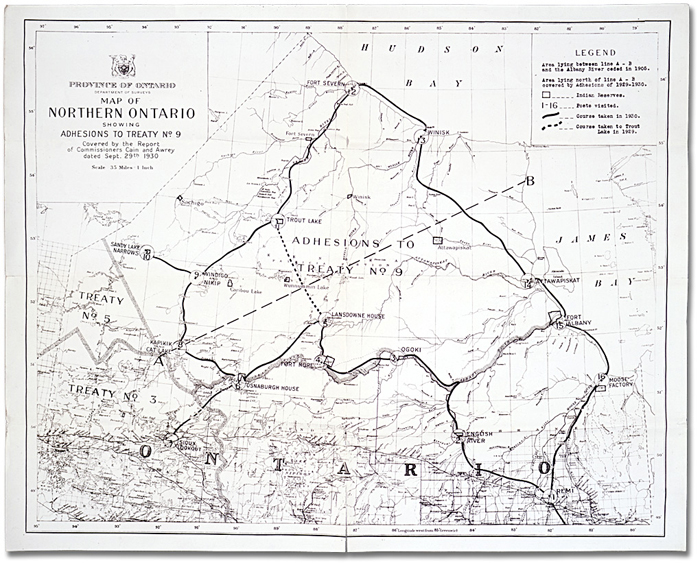 Map of Northern Ontario showing adhesions to Treaty No. 9 covered by the Report of Commissioners Cain and Awrey