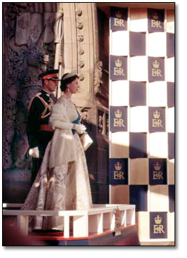 Photo: Queen Elizabeth and Prince Philip on a dais, Parliament Buildings, Ottawa (detail)