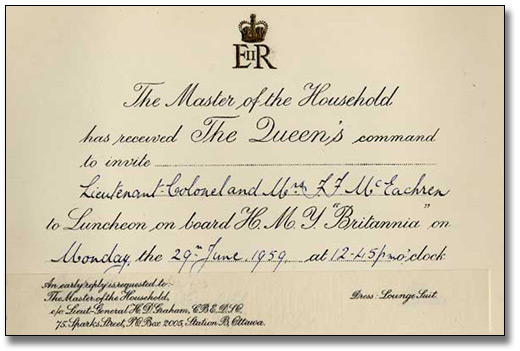 Invitation to lunch on board the Britannia, 1959