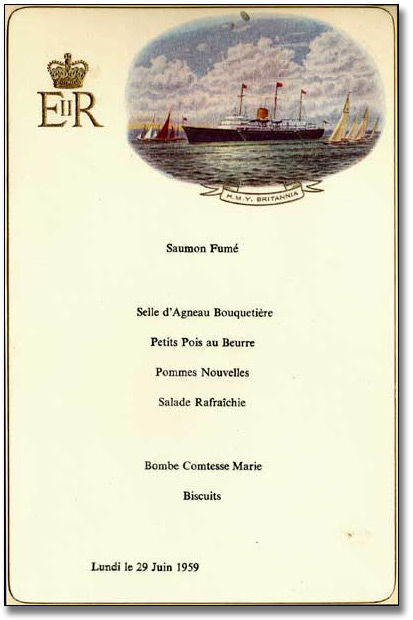 Lunch menu on board the Britannia Scrapbook on the Royal Tour, 1959
