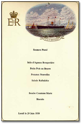 Lunch menu on board the Britannia