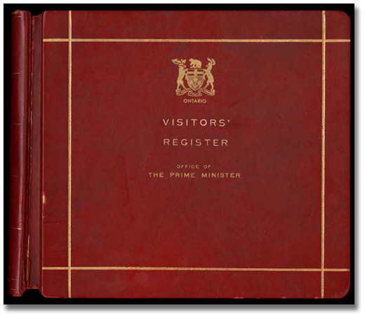 Guest Register of John Robarts and page of register with royal signatures
