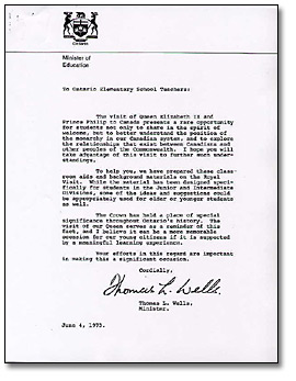 Letter from Minister of Education, Thomas Wells, 1973