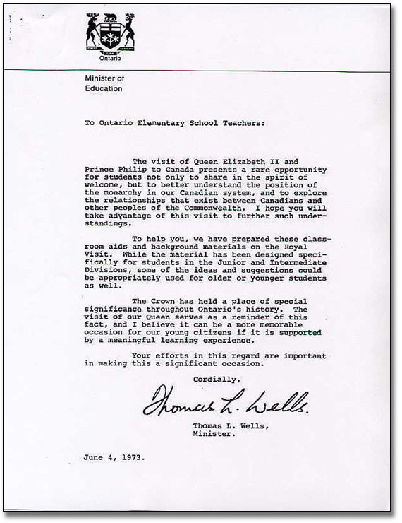 Letter from Minister of Education, Thomas Wells, 1973