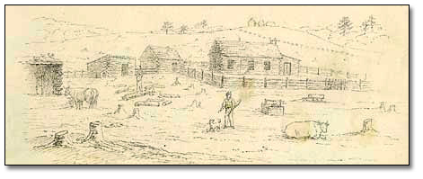 John Langton's cabin with surrounding buildings, 1834