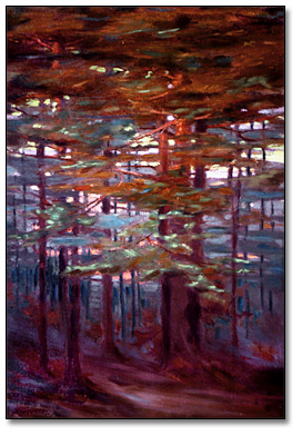 Oil on canvas: Pines at Sunset, n.d.