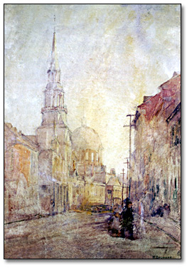 Aquarelle sur le carton : Bonsecours Church and Market [Marché et Église Bonsecours], 1913 