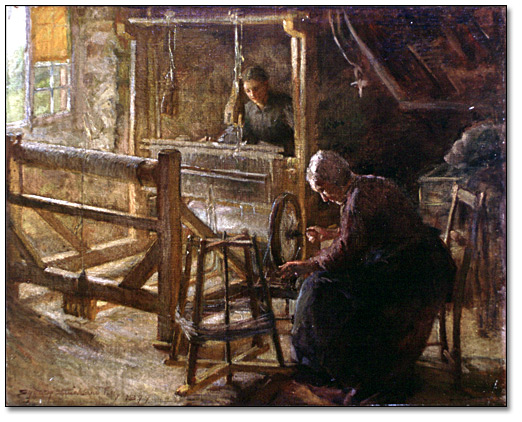 Huile sur toile : ‘ At the Loom’ – French Canadian Interior  [« Au métier à tisser » - Intérieur canadien-français] , 1899