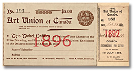 Billet du syndicat d’œuvres de l’Ontario Society of Artists de 1896 et talon de billet, 1892