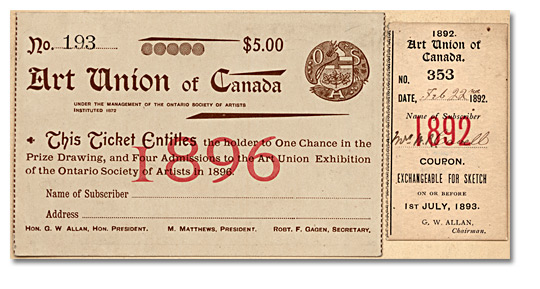 Ontario Society of Artists Art Union Ticket, 1896 and Ticket Stub, 1892