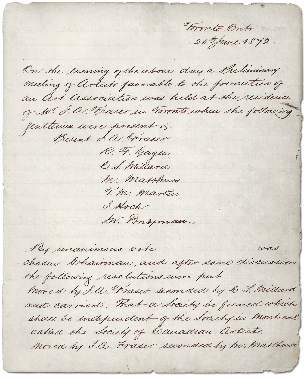 First Page of OSA Minute Book with entry for the inaugural meeting on June 25th, 1872.