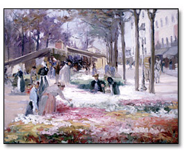 Oil on canvas: Flower Market, Paris, 1900