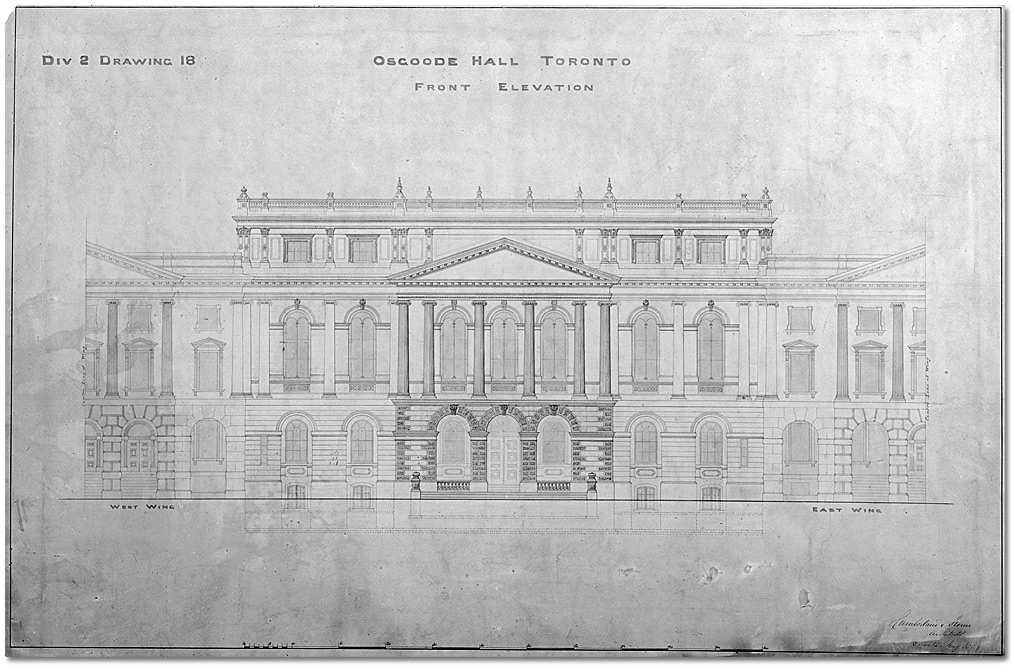 Dessin : Osgoode Hall : élévation avant, Division 2, dessin 18, 1859