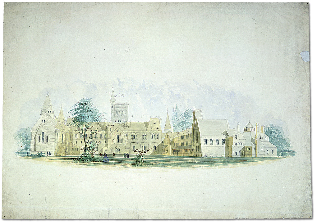 Aquarelle : University College, aquarelle, perspective, côté nord [vers 1856-1859]
