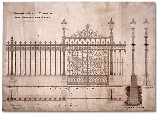 Dessin : Osgoode Hall, clôture en fer et portes, [vers 1856]-1866