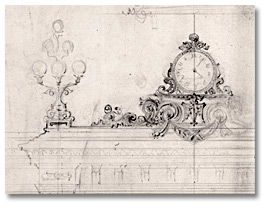 Drawing: [Pencil sketch of fireplace and clock detail of surface of clock case], [ca. 1860]