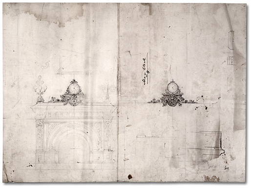 Drawing: [Pencil sketch of fireplace and clock detail of surface of clock case], [ca. 1860]