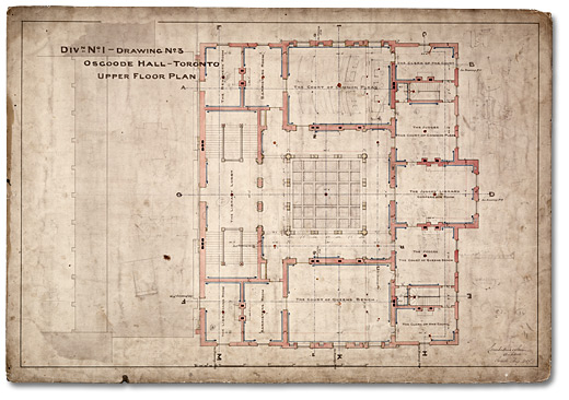Dessin : Osgoode Hall, plan de l’étage supérieur, Division 1, dessin 3, 1859