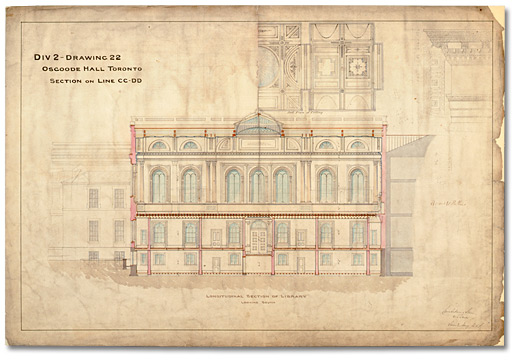 Dessin : Osgoode Hall, section longitudinale de la bibliothèque Division 2, dessin 22, 1859