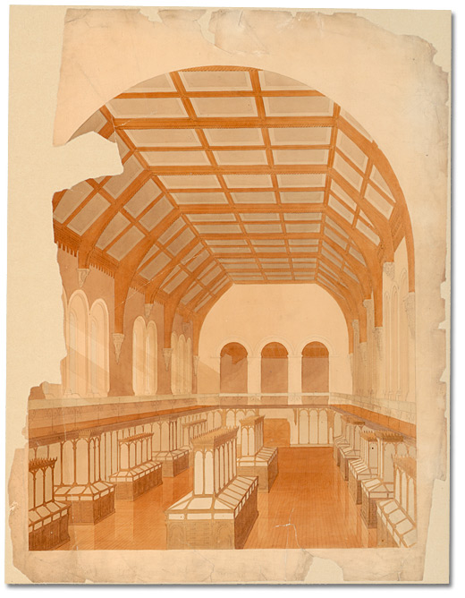 Drawing: Perspective of Geological museum interior, University College, [ca. 1856-1859]