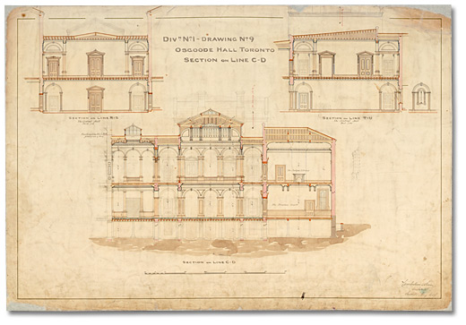 Dessin : Osgoode Hall, section sur la ligne du plan C-D, Division 1, dessin 9, 1859