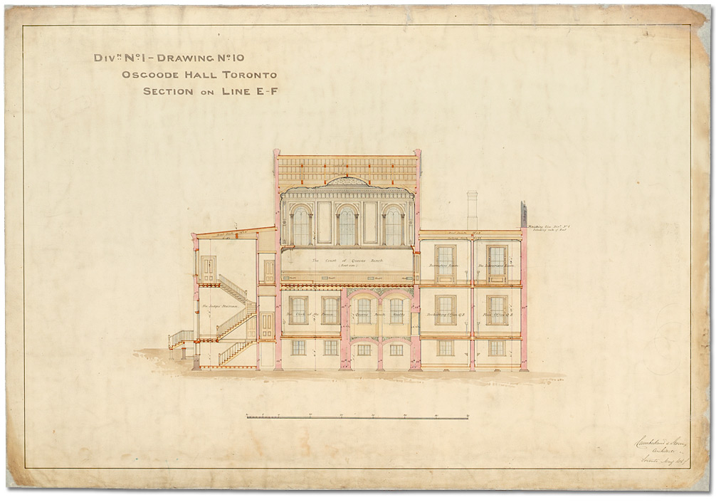 Dessin : Osgoode Hall, section sur la ligne du plan E-F [vers 1856-1859]