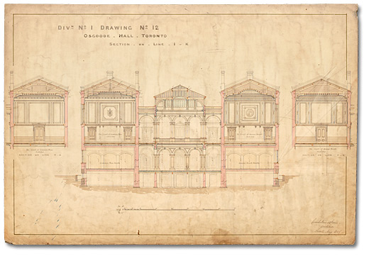 Dessin : Osgoode Hall, section sur la ligne du plan I-K [vers 1856-1859]
