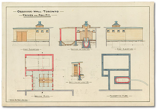 Dessin : Osgoode Hall : cabinets d’aisances et cendrier [vers 1885]