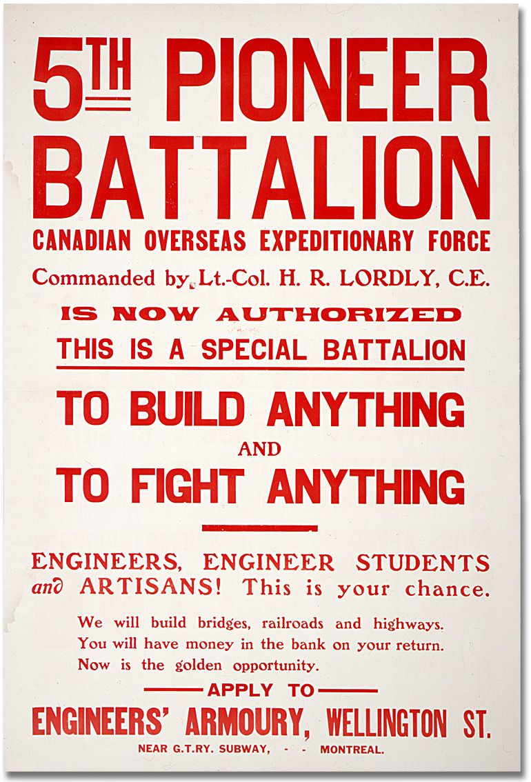 Affiche de guerre - Recrutement : 5th Pioneer Battalion [Canada], [vers 1915]