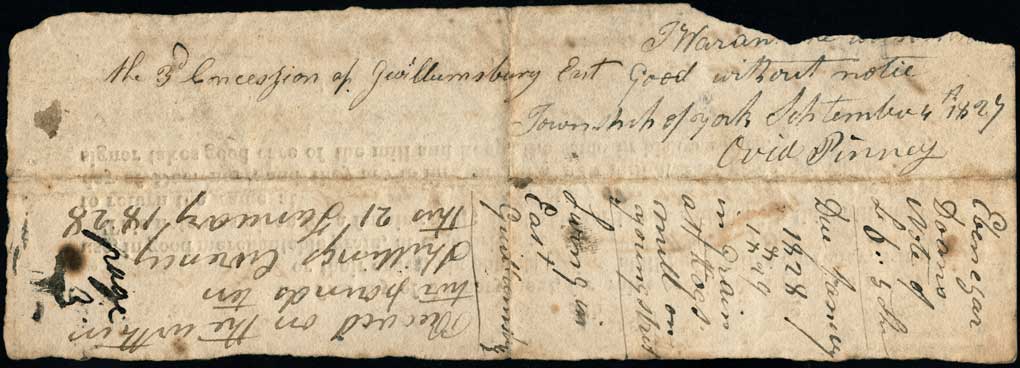 Billet à ordre de 6/5 £ d’Ebenezer Doan, 1827, Recto. 