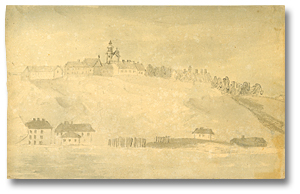 Watercolour: View of Quebec, [Lower and Upper towns, from the River], [ca. 1791] (detail)