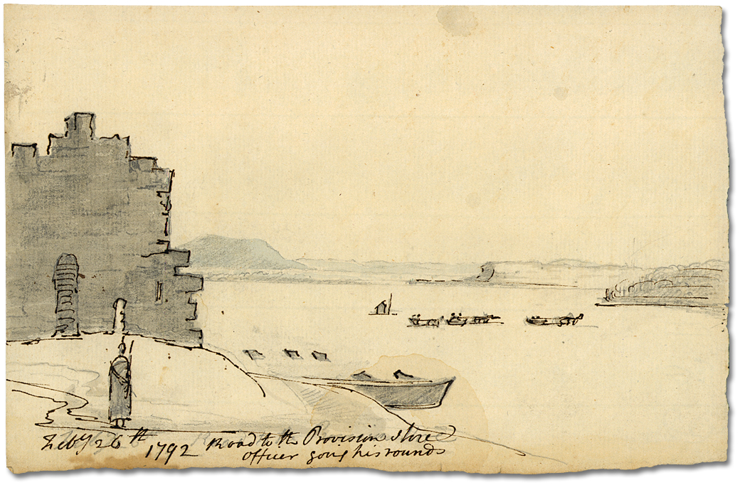 Watercolour: Road to the Provision Store, [officer going his rounds], Quebec, February 26, 1792