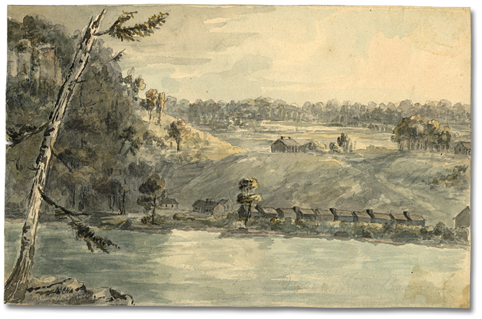 Watercolour: Queenston Barracks, Ontario, [ca. 1793] (detail)