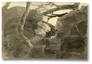 Watercolour: Near the 40 Mile Creek rocks where the wolves descend to the plain below, June 9, 1796 (detail)