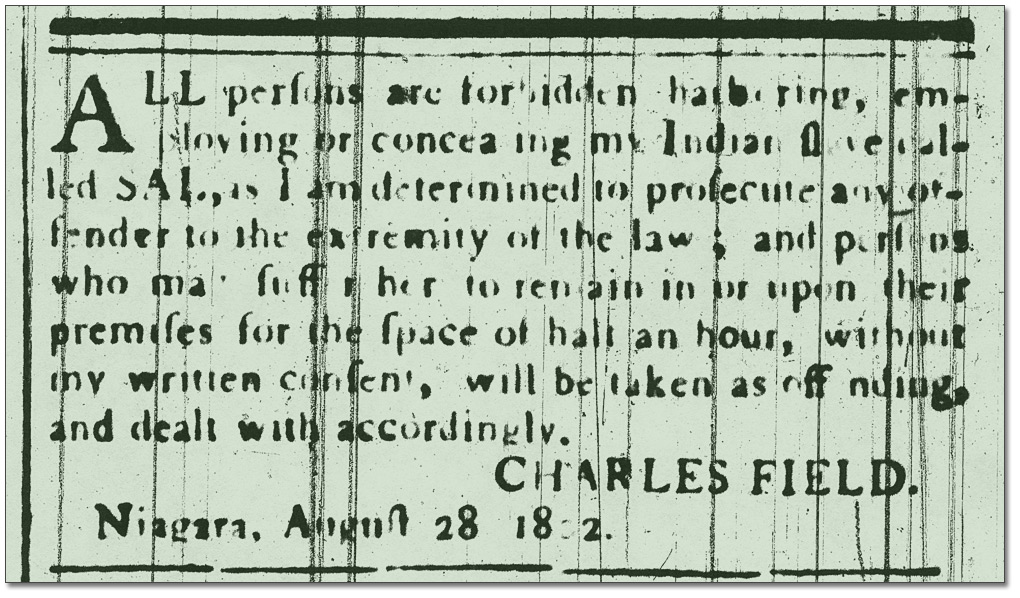 Annonce, Niagara Herald, le 28 août 1802