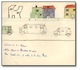 Dessin : "Un bombareo y autos de la Cruz Roja" (Un bombardement et des véhicules de la Croix-Rouge), [vers 1936-1939]
