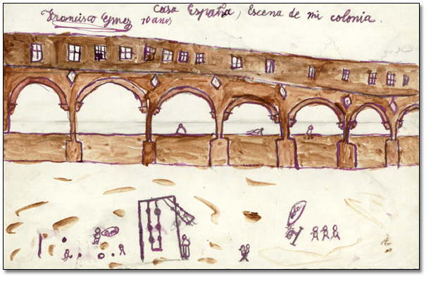 Drawing: "Escena de mi colonia" (Scene from my camp), [between 1936 and 1939], Spain