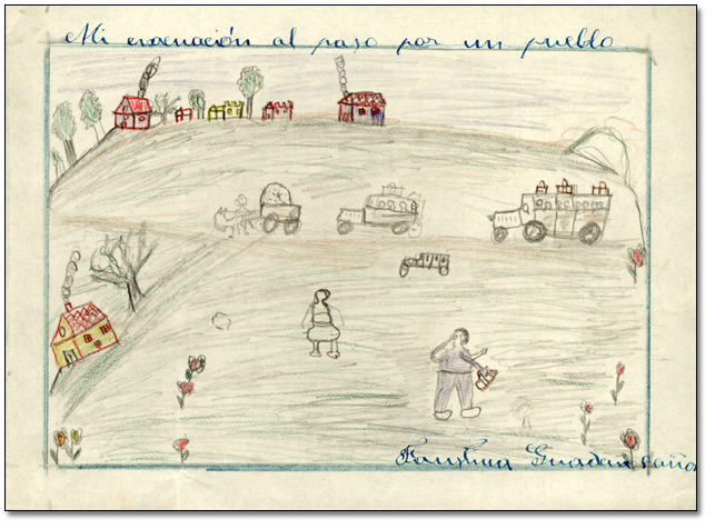 Dessin : "Mi evacuación al paso par un pueblo" (Myon évacuation passe par un village), [vers 1936-1939]