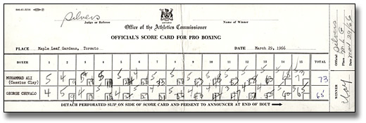 Official Judge’s Score Card for Muhammad Ali – George Chuvalo fight held at Maple Leaf Gardens, Toronto, Ontario, March 29, 1966