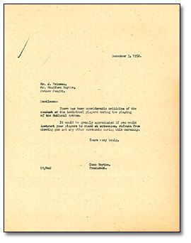 Memo from Conn Smythe directing coaches to prohibit the chewing of gum during the national anthem, December 3, 1952