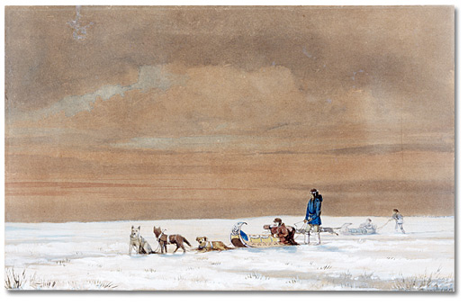 Aquarelle : Voyage hivernal entre Saint-Paul et la rivière Rouge, 1870