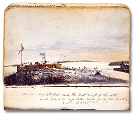 Aquarelle : Forts de la Compagnie de la Baie d’Hudson et de la Compagnie du Nord-Ouest à l’Île-à-la-Crosse