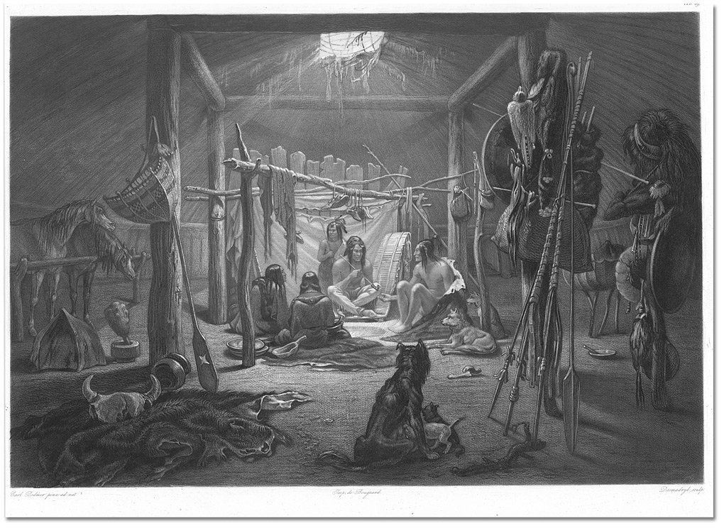 Aquarelle : Intérieur de la hutte d’un chef mandan, [vers 1832]