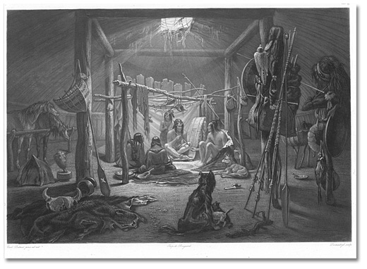 Watercolour: Interior of the Hut of a Mandan Chief, [ca.1832]