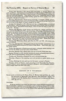 Rapport de D. Thompson concernant l’étude de la rivière des Outaouais, du lac et de la rivière Muskrat et des environs, 1839.